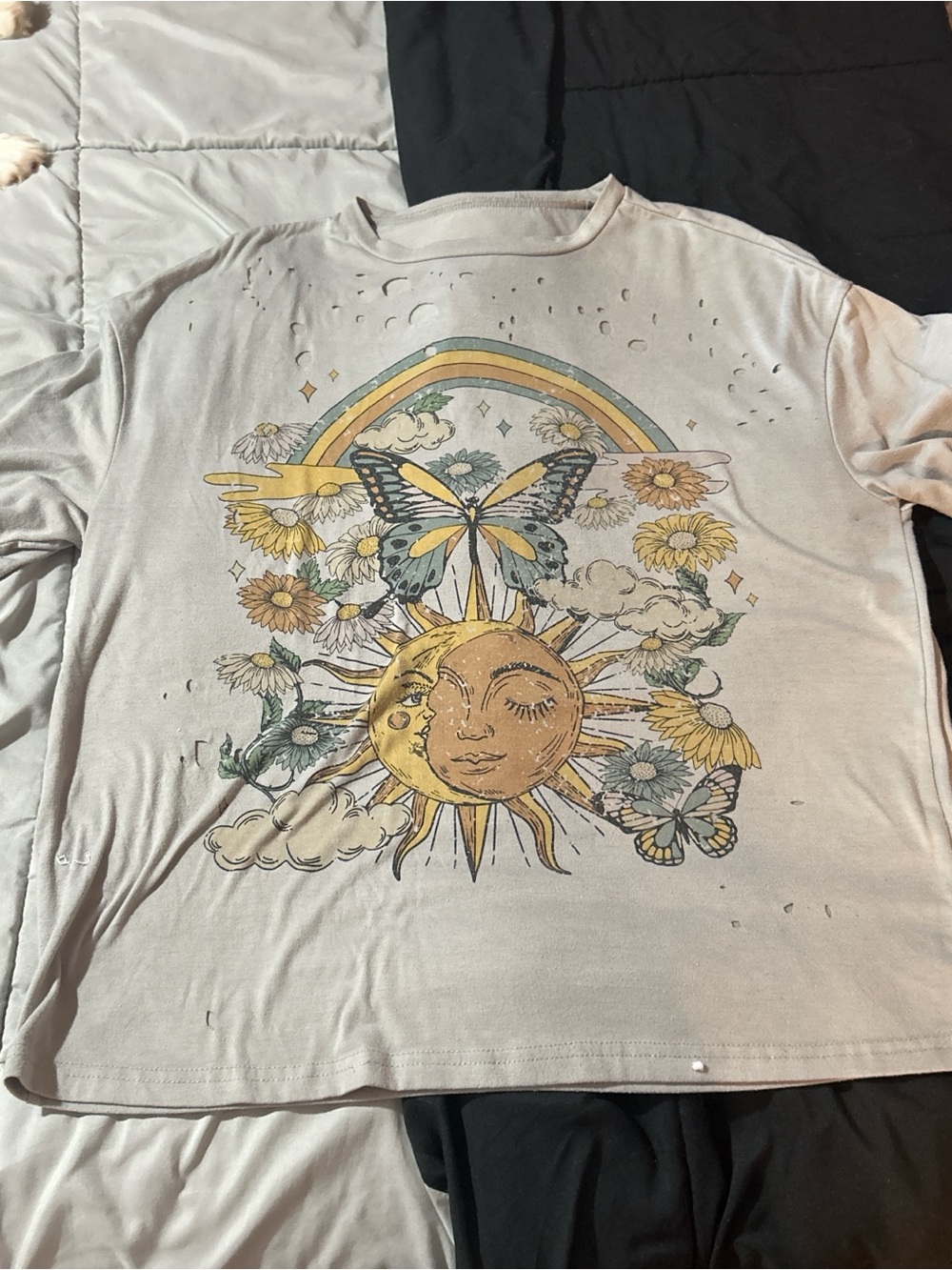 Cream Short Sleeve Graphic Tee with Sun, Butterfly & Floral Motif